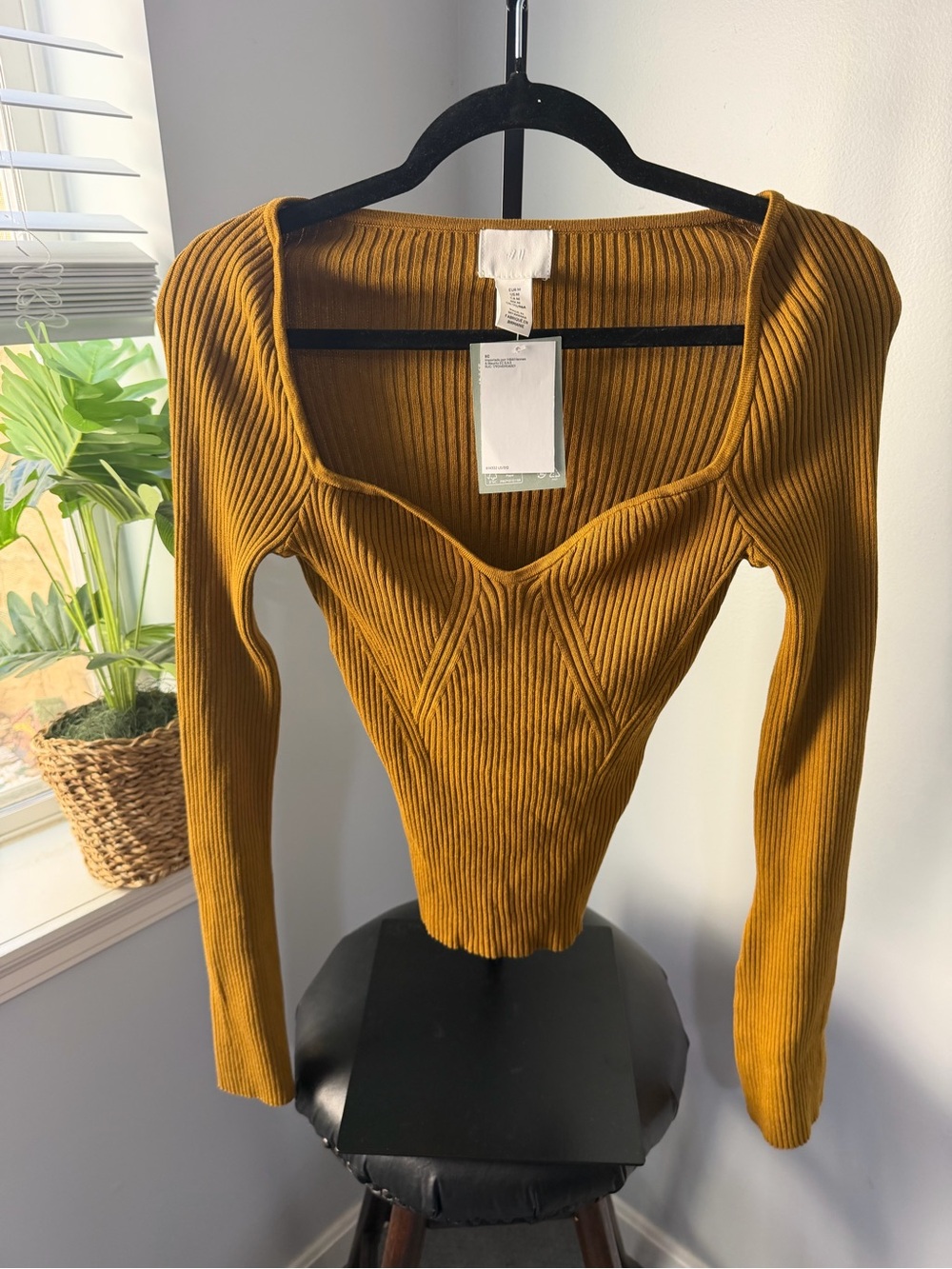 H&M Ribbed Square-Neck Long Sleeve Top - Mustard Gold
